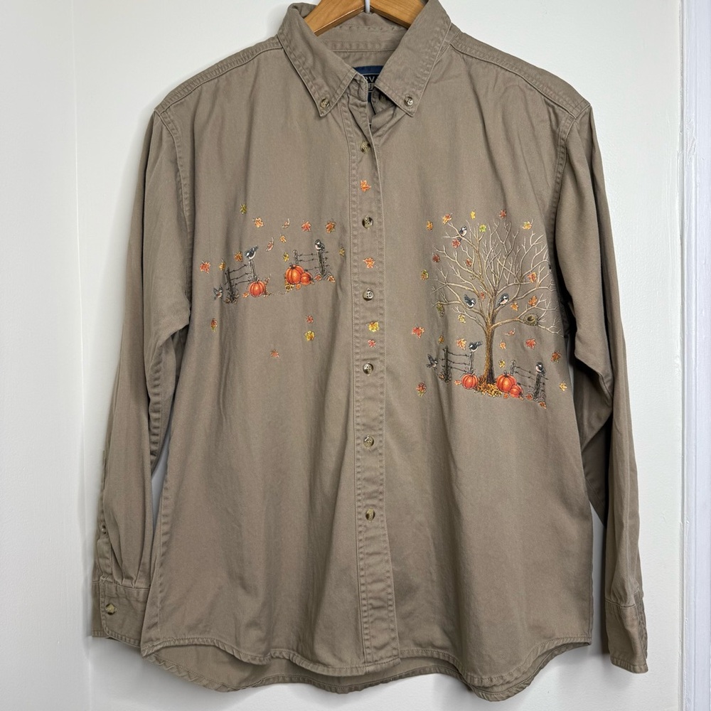 Vintage Harvard Square Button Down Fall Harvest Theme Shirt Women’s XL Pumpkins